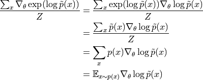 \frac{\sum_x \nabla_\theta \exp(\log \tilde{p}(x))}{Z}
&= \frac{\sum_x \exp(\log \tilde{p}(x)) \nabla_\theta \log \tilde{p}(x)}{Z} \\
&= \frac{\sum_x \tilde{p}(x) \nabla_\theta \log \tilde{p}(x)}{Z} \\
&= \sum_x p(x) \nabla_\theta \log \tilde{p}(x) \\
&= \mathbb{E}_{x \sim p(x)} \nabla_\theta \log \tilde{p}(x)